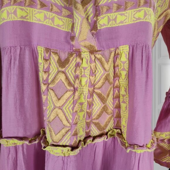 Lace the Label Tiered Embroidered Mini Dress Size M Pink Bell Sleeve Boho Geo - Picture 11 of 15